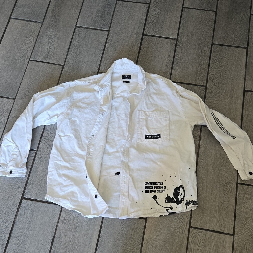 Zara Mens XL White Graphic Denim Shirt Relaxed Fit Authorised Quote Print